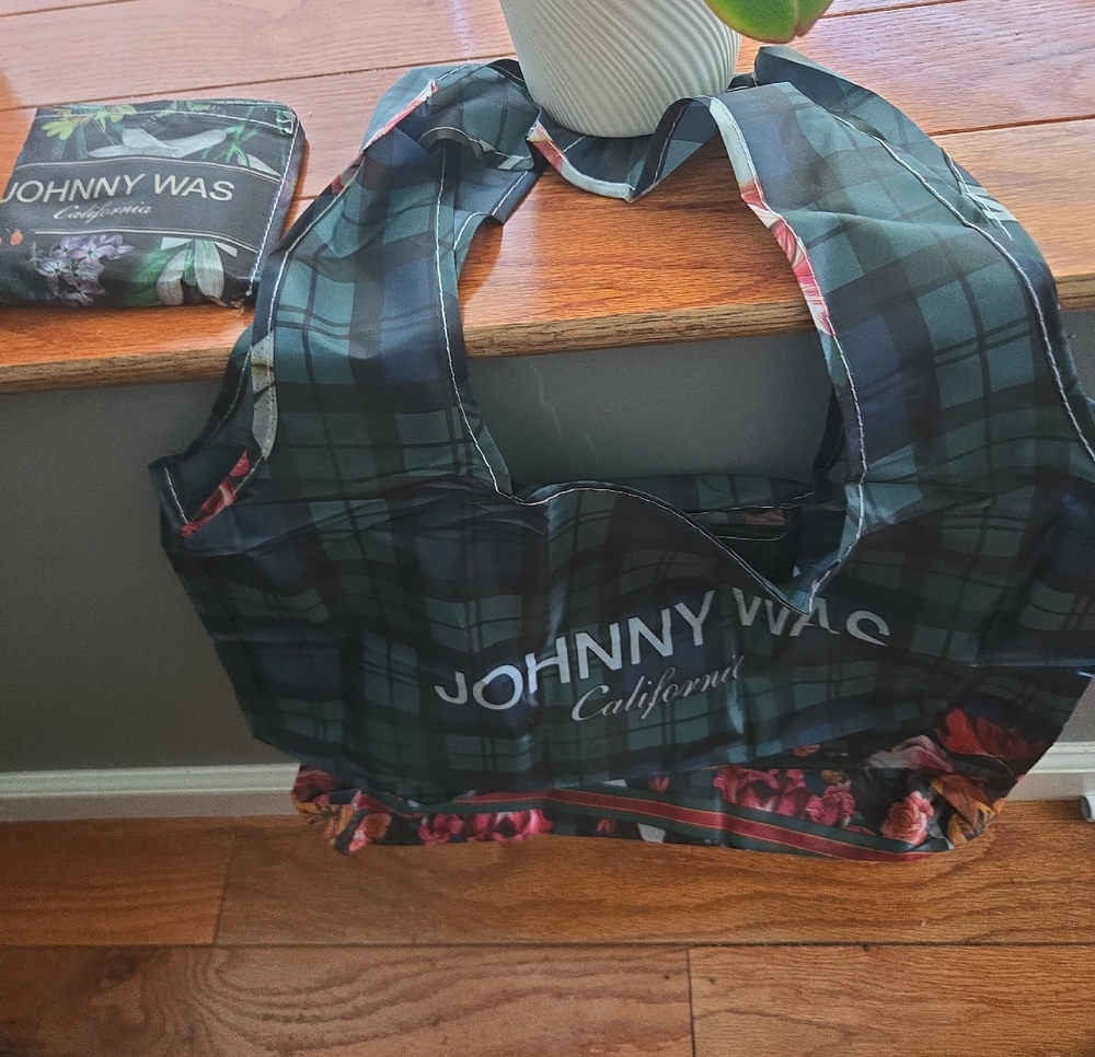 Johnny Was Green Plaid Foldable  Tote with Floral Trim